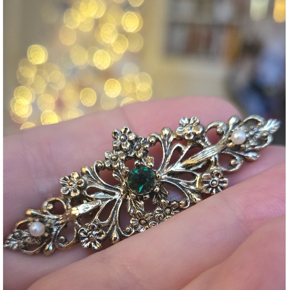 GERRY's Green Rhinestone Faux Pearl Bar Brooch Vintage Stunning!